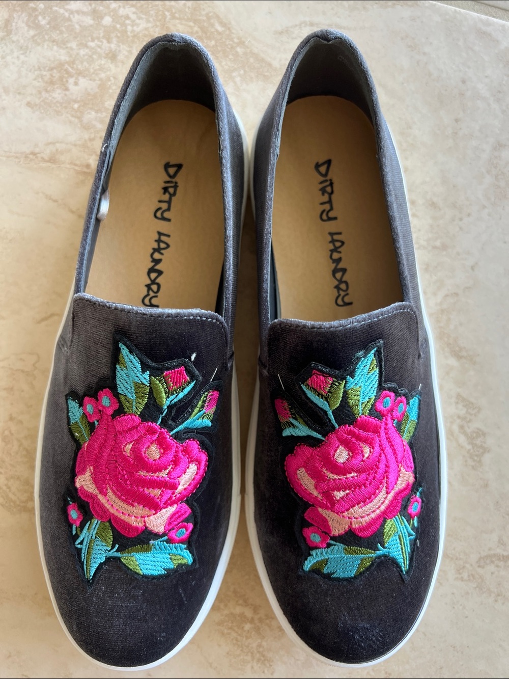 Dirty Laundry Black Velvet Slip-On Sneakers with Hot Pink Floral Embroidery